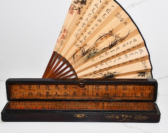Vintage or Antique Hand Fan Asian With original Lacquered Box Sandalwood sides