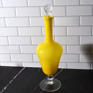 Art glass Decanter Bright Lemon yellow cased Glass with Stopper, Empoli or Bohemian art glass MCM Primary sunshine colors