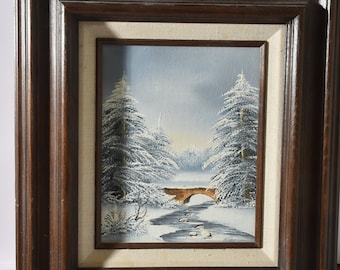 Oil on Canvas Winter Scene With Bridge, Snowy Landscape original oil framed 16x20