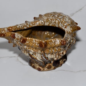 Vintage Ceramic Planter Brown Speckled Glaze Conch Shell Planter 0784