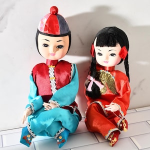Pair of Stockinette Taiwanese or Chinese Dolls in Silk Pajamas Boy and Girl Excellent Condition