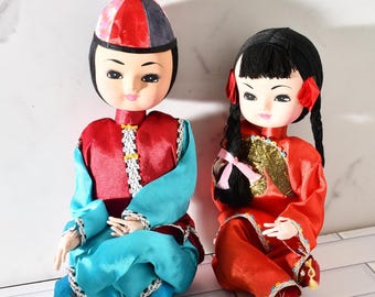 Vintage Taiwanese Dolls: Boy and Girl Silk Pajamas, Souvenir Pair