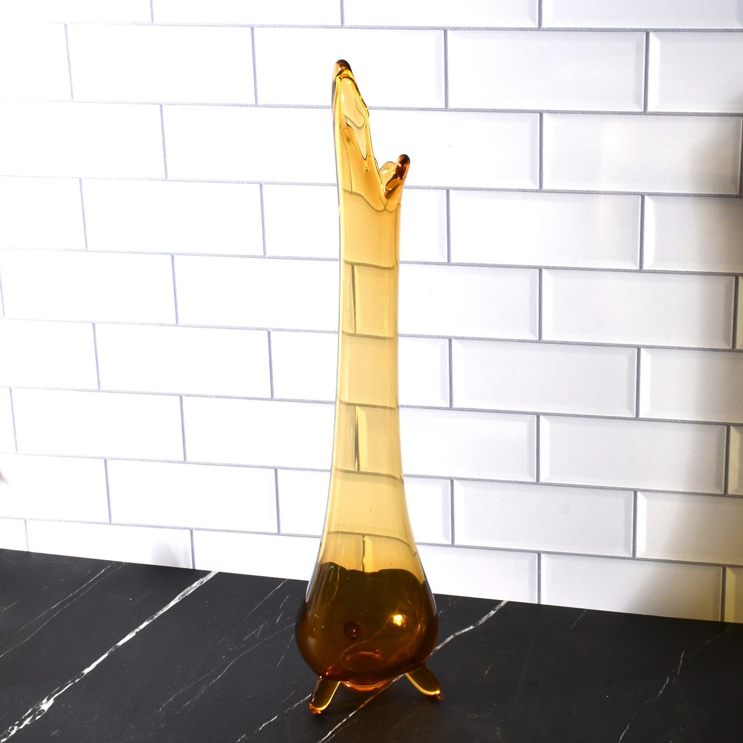 LE Smith Amber Swung Vase 3 Footed Vintage Art Glass 15 Inches Etsy
