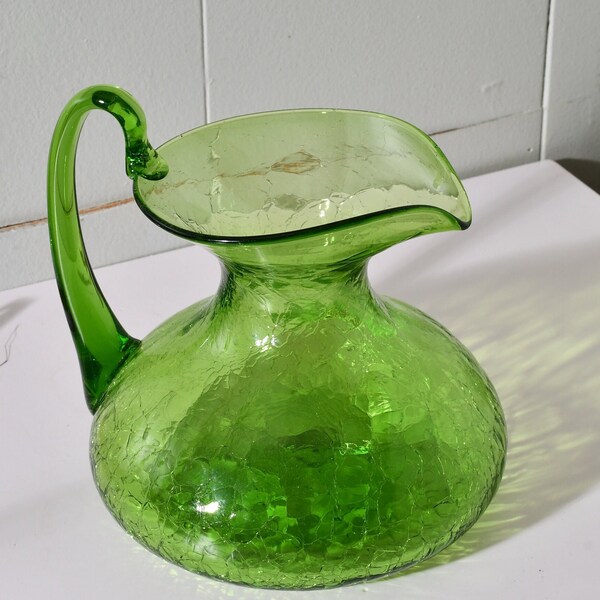 Blenko 6512 Pitcher in Olive Green Crackle with Label