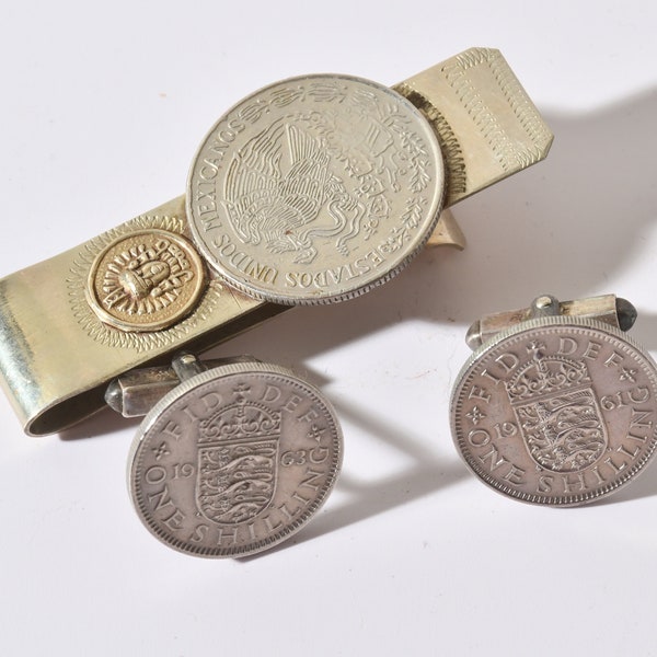 Mixed lot British Shilling Cuff links and Mexican Silver  Tie Clip with Coin Vintage Men's Coin Jewelry