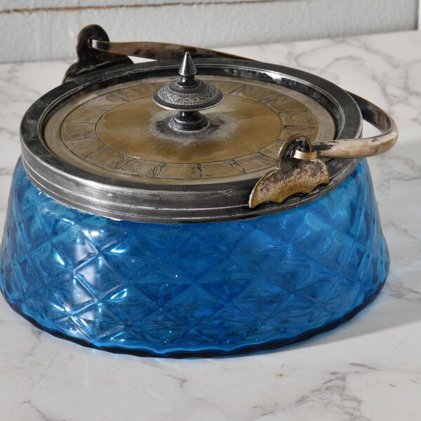 Blue Diamond Point Glass Silver Lid Candy or Biscuit Jar French or English 1930s Stunning