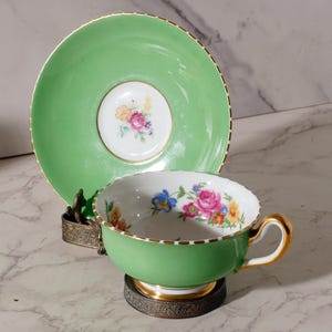 Royal Chelsea Cup and Saucer Teacup , Rich Green Floral interior and saucer 1940s Vintage Beauty