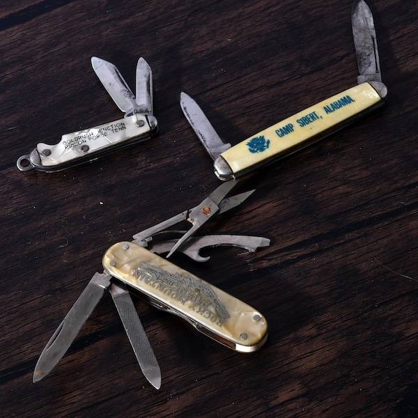 Choice of three 3 vintage pocket knives advertising, Alabama, and Smokey Mountains MOP handles, pen knives 1950s or 60s