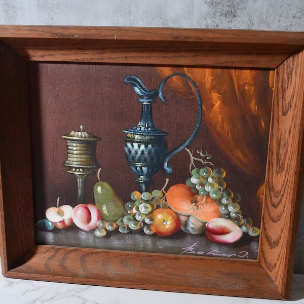 Signed Oil on Canvas,  Still life Fruit and urn, with Pine Frame Vintage Starving Artist