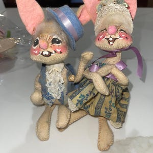 Vintage Annalee 1970s pair of Easter bunnies dressed in their finest