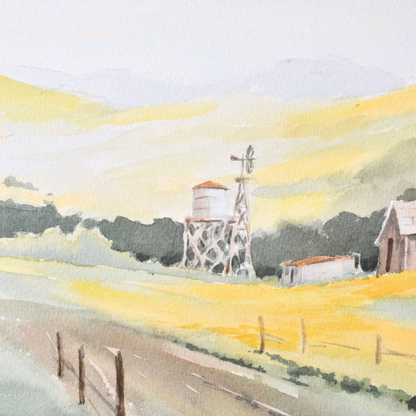 Framed Watercolor Painting California Artist, Maj Britt Dias  Farm beside mountains with country road pastoral colors and windmill in back