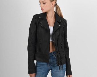 Women’s black classic biker handmade Italian lambskin leather jacket