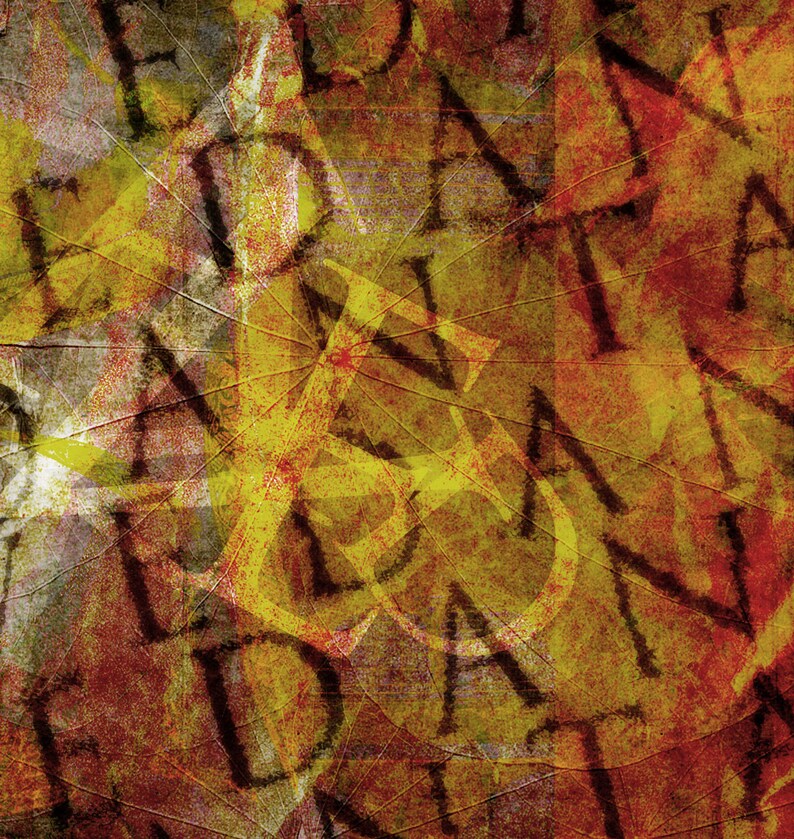 May include: Abstract art print with a yellow, red, and black color scheme. The print features a layered design with overlapping letters and a textured background.