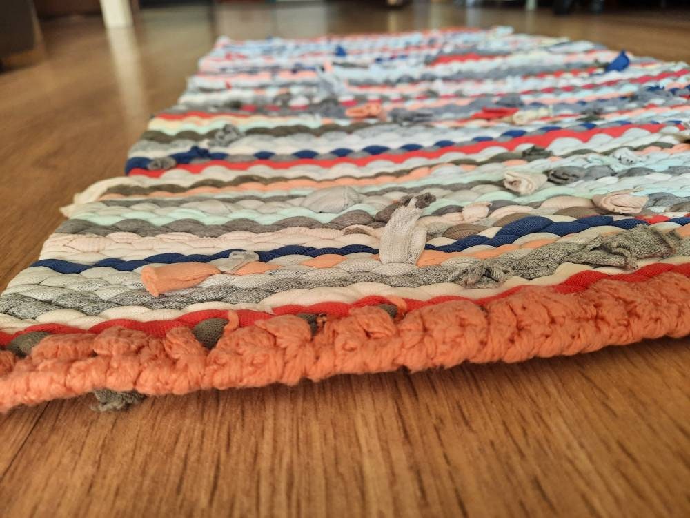 Handwoven upcycled scrap rag rug door mat for kitchen Etsy