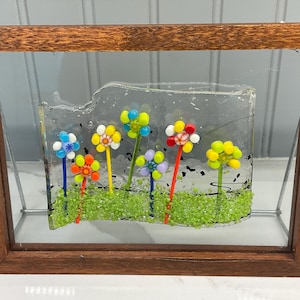 Framed Fused Glass Flowers 6”x8” Art