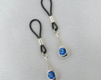 Non-Piercing Nipple Jewelry with Blue Pendant in Silver