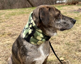 Dog neck gator in Green fatigue Fleece, easy pull on over head design, dog cowl, great gift for a dog lover that sits over the collar