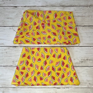 Watermelon designer Dog cowl scarf, hand sewn and features Easy Pull On design sits over the collar