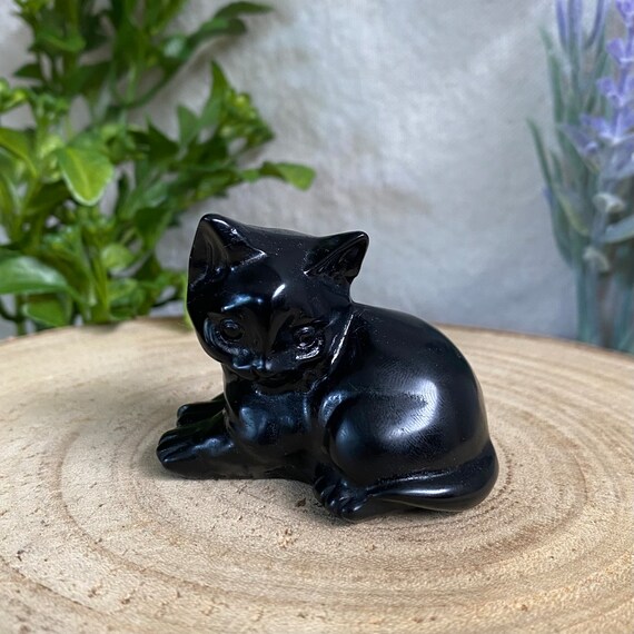 Statuette De Chat En Obsidienne Noire - Figurine Animal - Taille 7x3,7x3,3 Cm - Neuf