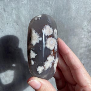 May include: A polished, oval-shaped gemstone in shades of gray and white. The stone features a pattern of white, flower-like inclusions against a gray background. The smooth surface reflects light, highlighting the natural patterns.