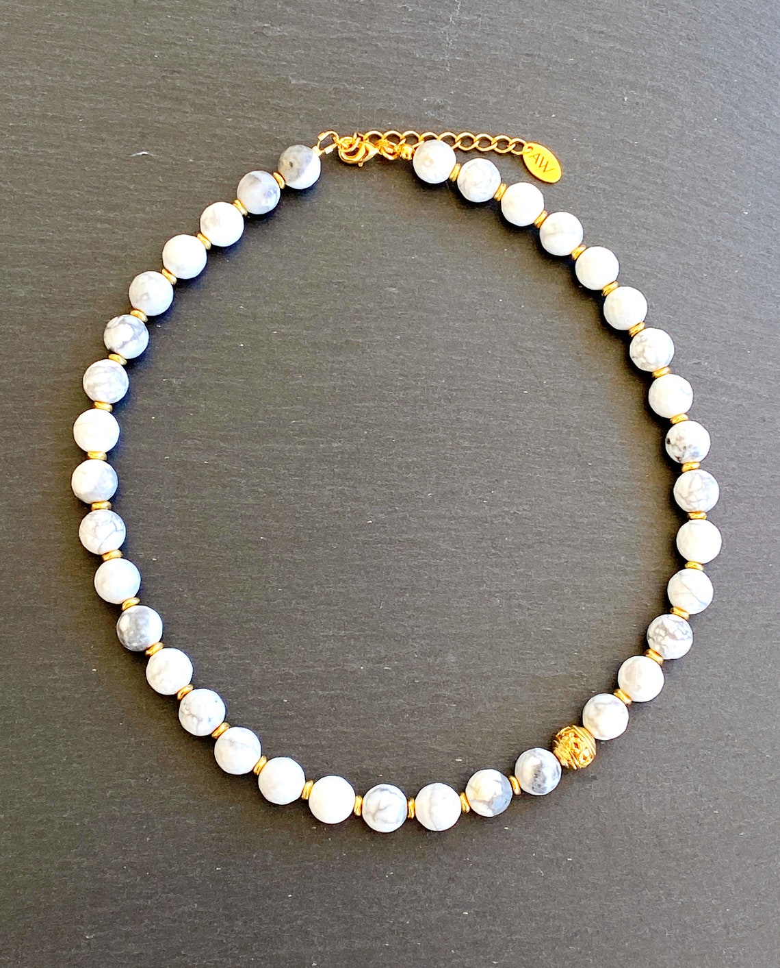 White Howlite Chunky Necklace Statement Elegant 24K Gold Ball Etsy