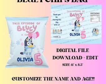 Bluey Birthday Chips Bag Template, Customizable Party Favor (Digital Download)