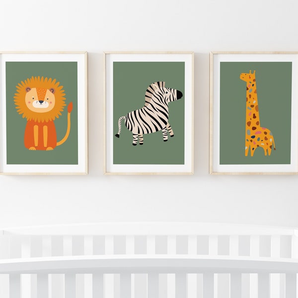 Boho Nursery Wall Art Prints | Green Safari Nursery posters, Set of 3, Scandi Unisex Baby Room art, zebra, lion, giraffe nursery jungle ART