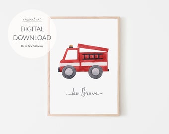 Red Fire Engine Nursery Print, Fire Truck Print for Nursery, PRINTABLE art, Playroom Art. Transportation print , Car themed bedroom