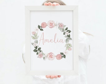 Name Wreaths for Boy or Girl Nursery Wall Decor, Floral Name Prints, Boho themed Room Decor, Pretty Personalised name prints, Flower prints
