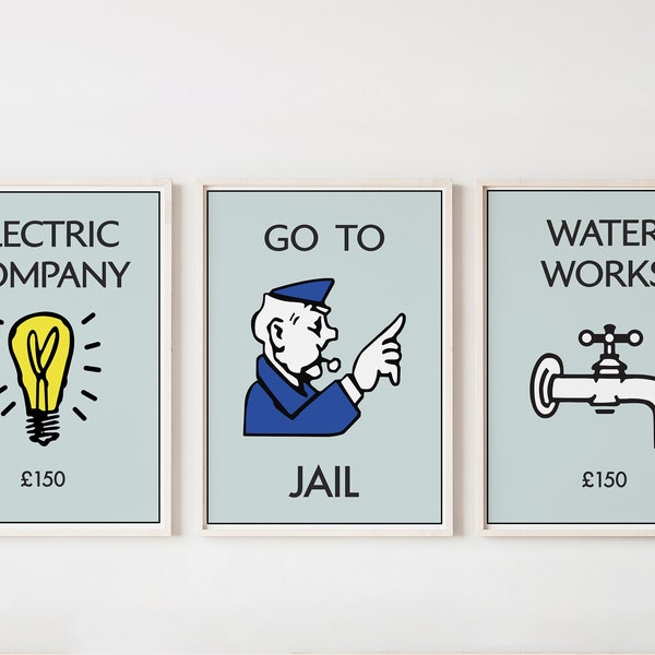 Monopoly inspired Home prints, go to jail, water works and Electric Company Prints, 3 - set, board game prints, modern home art