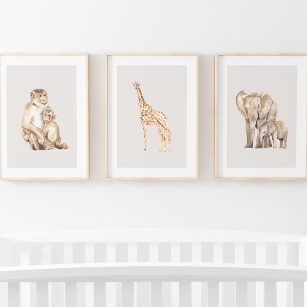 Safari Animal Prints, Elephant Giraffe Monkey Set of 3 Nursery Prints, Minimalist Neutral Kids Bedroom art - Watercolour Animal Prints