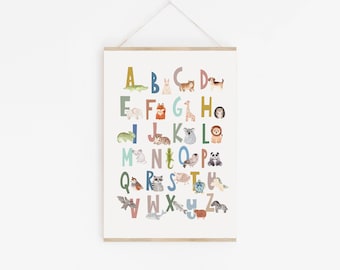 Scandi Animal Alphabet, Childrens Educational Print, Boho Animal Alphabet Poster, Wooden Magnetic Hanger, Woodland SAFARI animal Alphabet