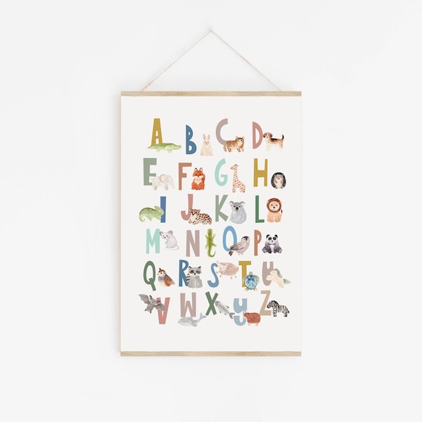 Scandi Animal Alphabet, Childrens Educational Print, Boho Animal Alphabet Poster, Wooden Magnetic Hanger, Woodland SAFARI animal Alphabet