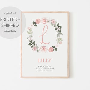 Floral New Baby Name Print| New baby Gift| Girls Room Print | Flower Initial Print, Pink Flowers Print, Wreath Letter Print - Baby Girl