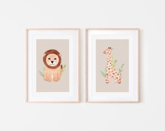 Jungle Scandi Nursery Prints, Boho Nursery prints, Giraffe, Lion Nursery prints, Nursery Wall Art, Scandi Nursery Room Decor - 2 set