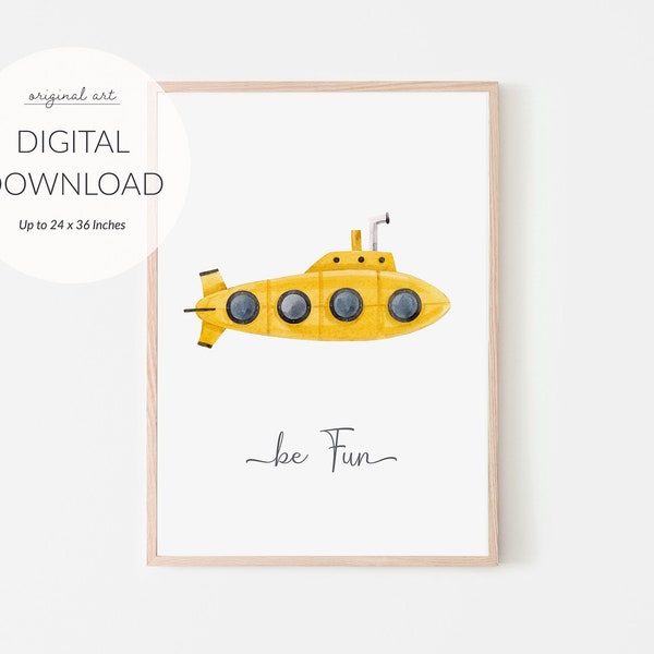 Watercolour Yellow Submarine Digital Nursery Print, Nursery art, PRINTABLE art, Playroom Art, boys room vehicle prints