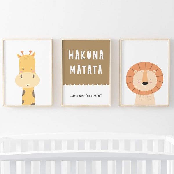 Kids Hakuna Matata Boho Scandi Nursery Playroom Prints, Lion + Giraffe Bedroom Prints, Childrens Jungle Safari bedroom posters