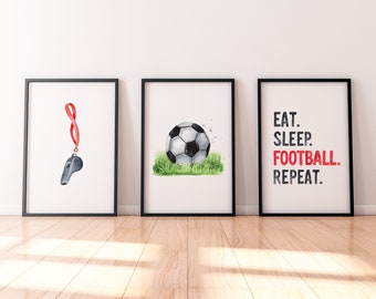 Boys Bedroom Football Print, Girls bedroom football prints, soccer prints, eat sleep football repeat prints, football wall decor- set of 3