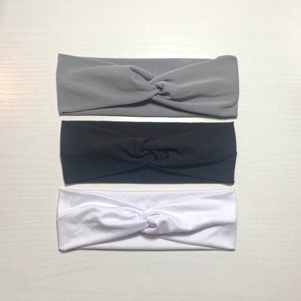 Basics Turban Twist Headband | Solid Color Boho Fitness Headband | Black / Grey / White Soft Stretchy Knot Headband | Headbands for Women