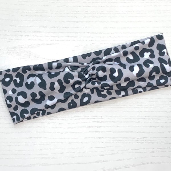 Grey & Black Cheetah Print Turban Twist Headband | Black and White Leopard Boho Fitness Headband | Animal Print Soft Stretchy Knot Headband