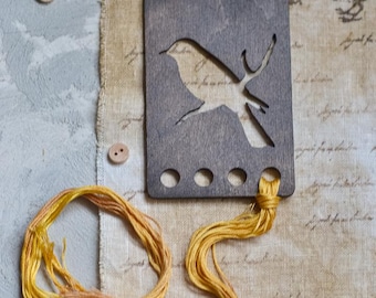 Handmade Bird Wooden Thread Organizer: Primitive Embroidery Floss Bobbin