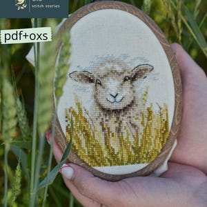 May include: Oval cross-stitch embroidery of a sheep in a field of grass, set in a wooden hoop. The text "SHE stitch stories" and "pdf+oxs" are visible. The embroidery is held in someone's hands.