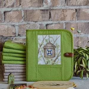 Green Cross stitch project folder with leather flap, cross stitch case, Birdhouse Compact organizer for storing small embroidery project
