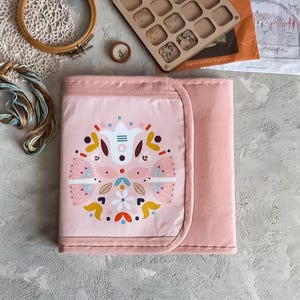 Pink Cross Stitch Project Organizer: Scandinavian Bird Embroidery Case