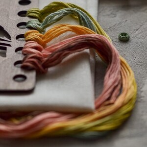 May include: Close-up of embroidery supplies. The image shows colourful skeins of thread in yellow, orange, pink, and green. A wooden embroidery hoop and a small green button are also visible, suggesting a crafting project.