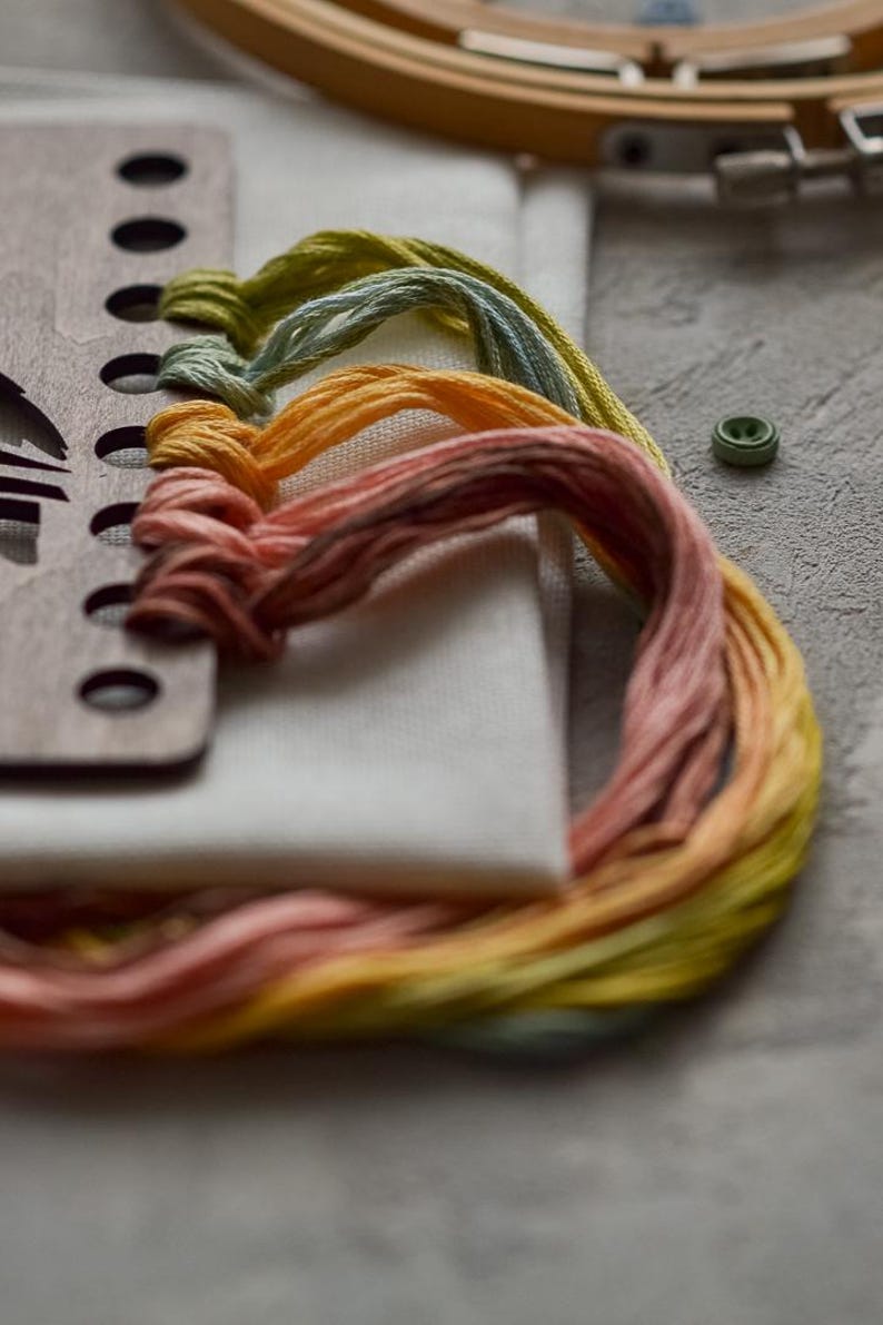 May include: Close-up of embroidery supplies. The image shows colourful skeins of thread in yellow, orange, pink, and green. A wooden embroidery hoop and a small green button are also visible, suggesting a crafting project.