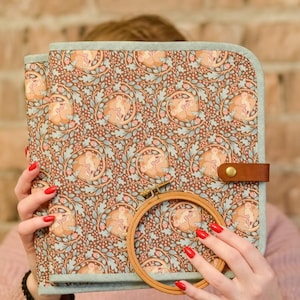May include: A fabric-covered craft organizer with a brown and blue floral pattern, featuring a leather strap closure and a wooden embroidery hoop. The organizer is held by a person with red nail polish.