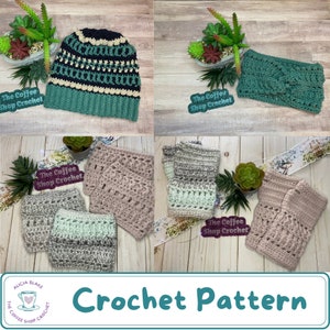 May include: Crochet pattern for a hat, fingerless gloves, and a headband. The hat is green and black with a white stripe. The gloves are pink and gray with a white stripe. The headband is green with a white stripe. The pattern is called "The Coffee Shop Crochet".