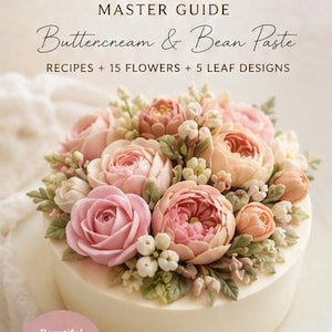 May include: A cake decorated with buttercream and bean paste floral piping. The cake is topped with a variety of pink and peach-colored flowers and green leaves. The book cover reads "Korean Floral Piping Master Guide."