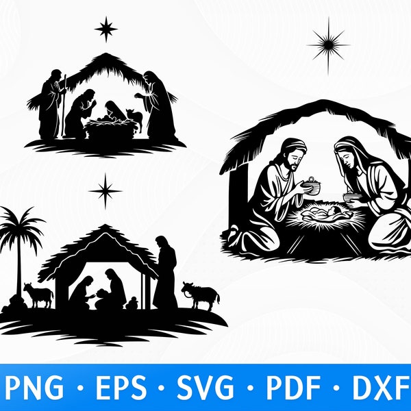 Nativity Scene SVG, Christmas Nativity Manger Scene with Baby Jesus, Mary, Joseph, North Star, Oh Holy Night Png, Silent night Svg